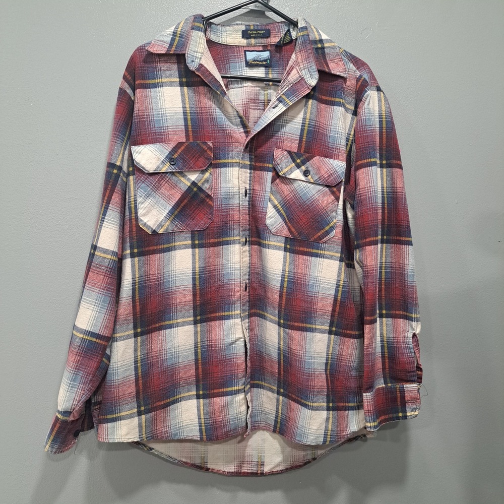 Fieldmaster LARGE Permaprest‎ Flannel Plaid Long Sleeve Button Up Pockets USA